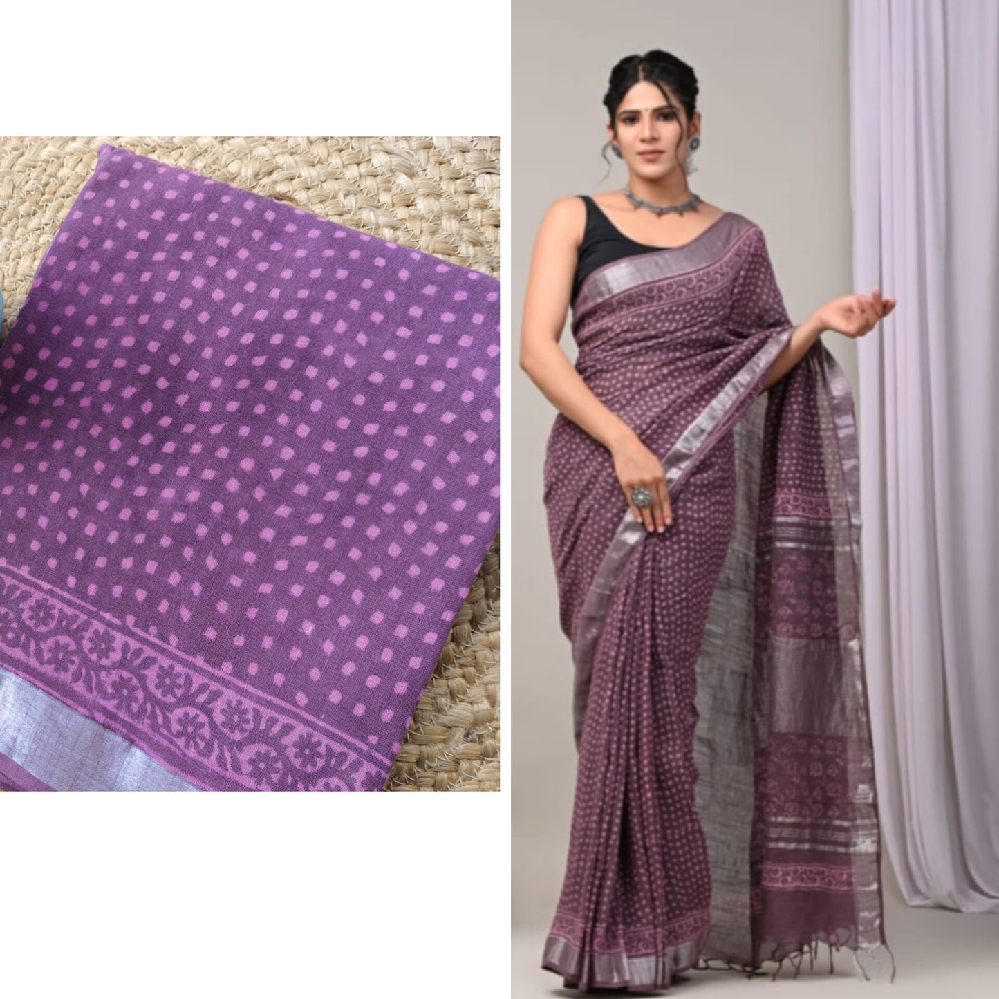 Block print linen saree