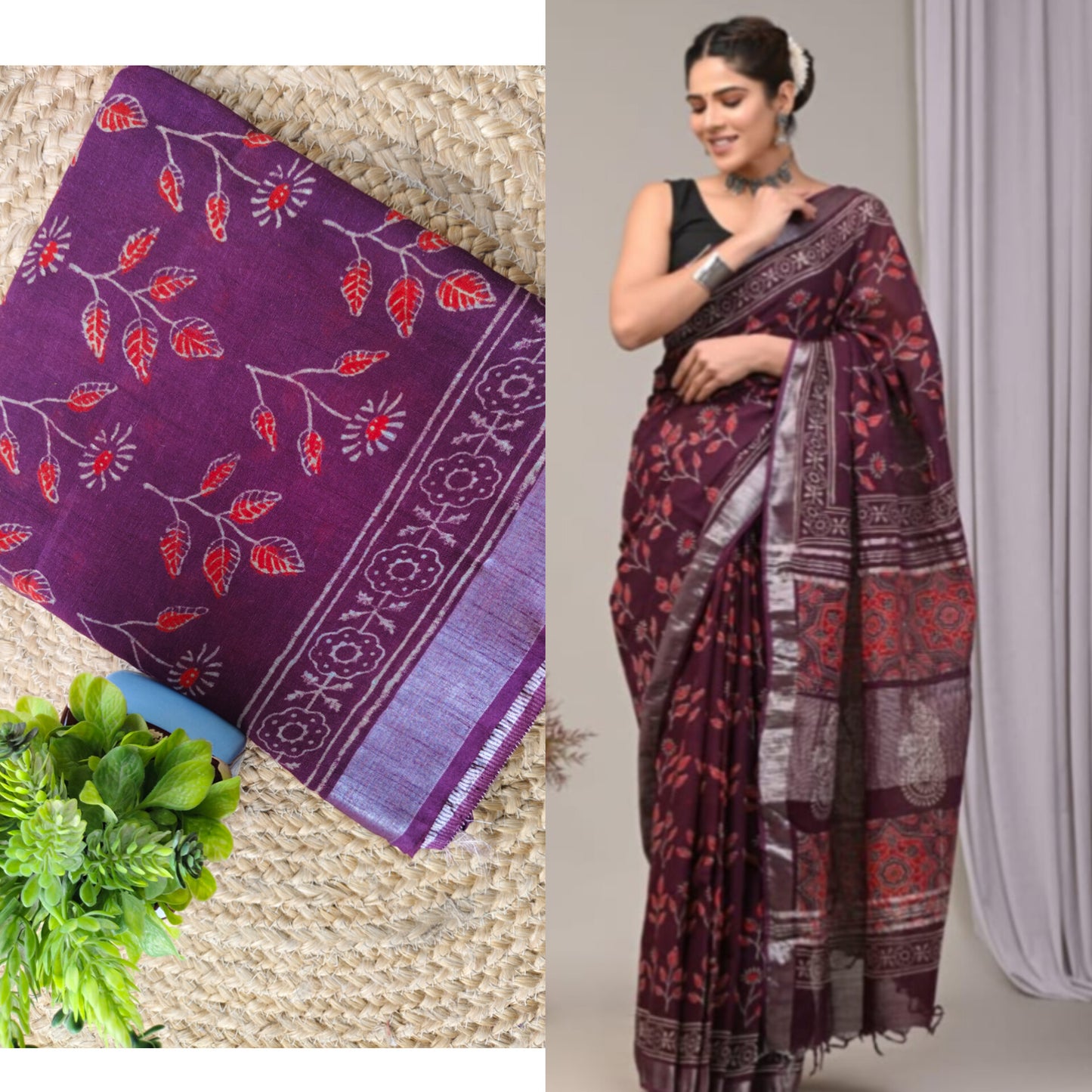 Block print linen saree