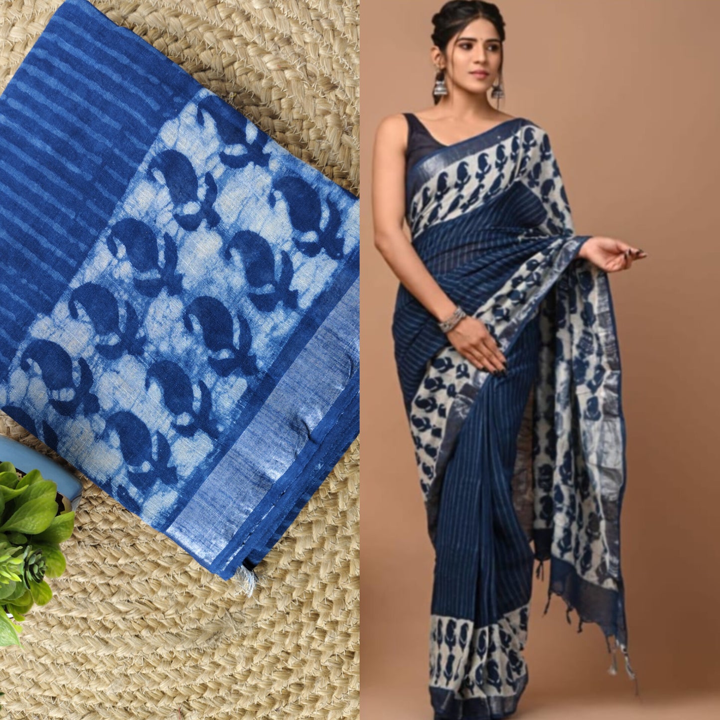 Block print linen saree