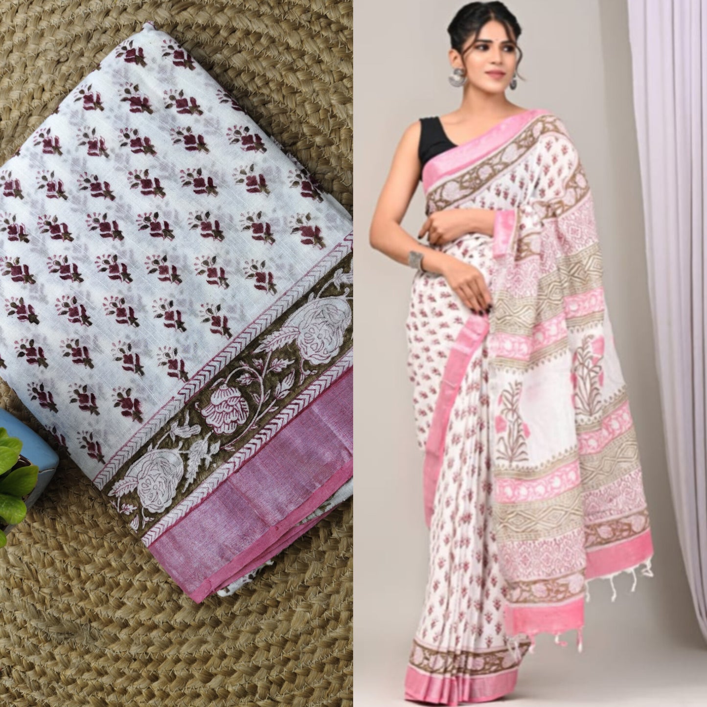 Block print linen saree
