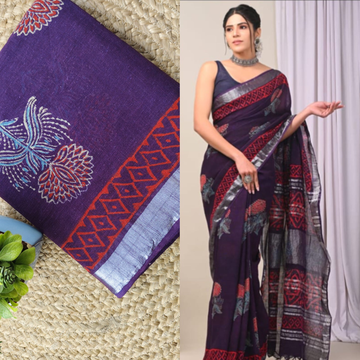 Block print linen saree