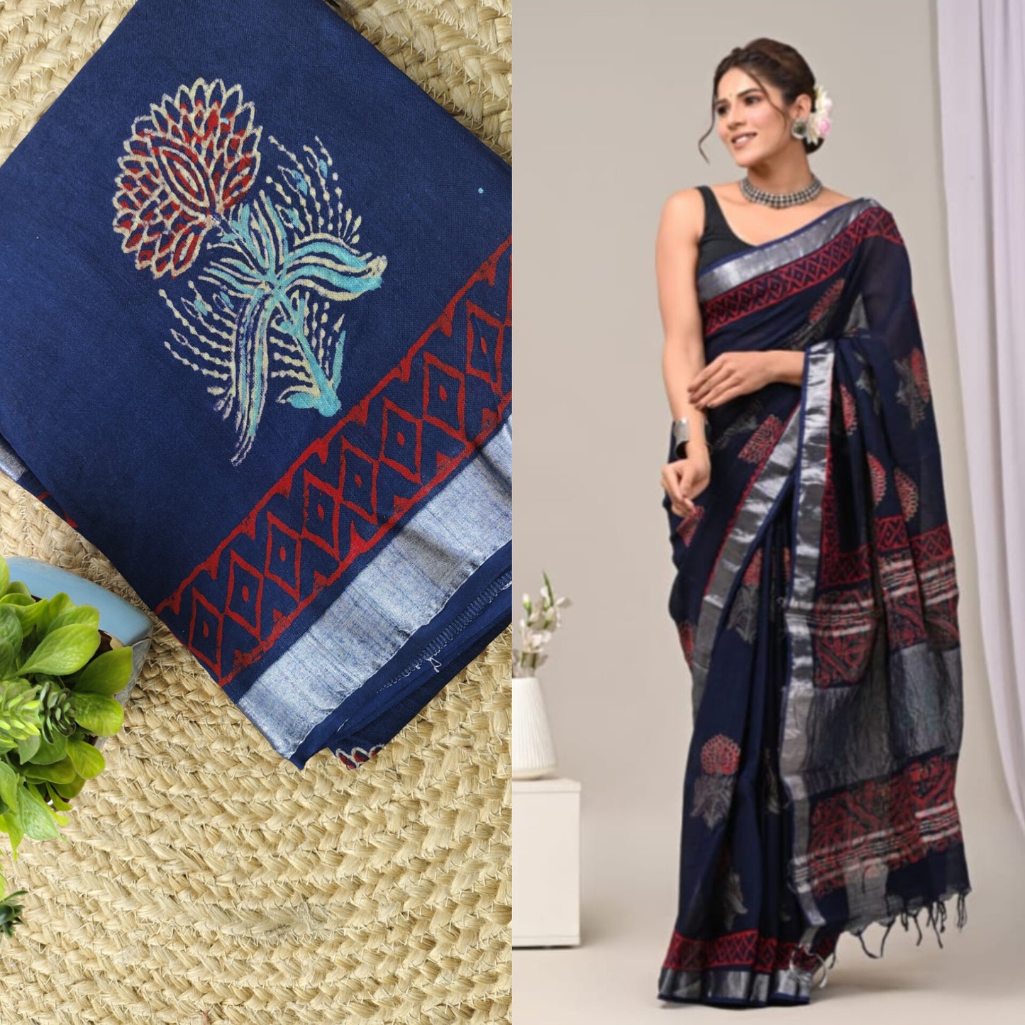 Block print linen saree