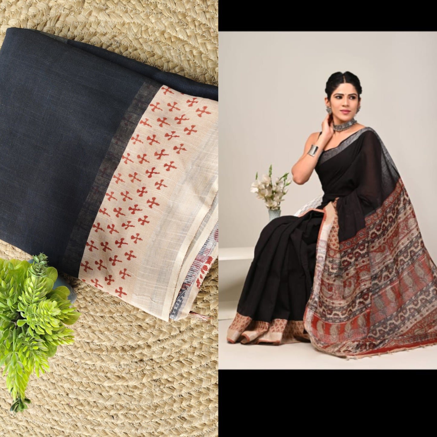 Block print linen saree