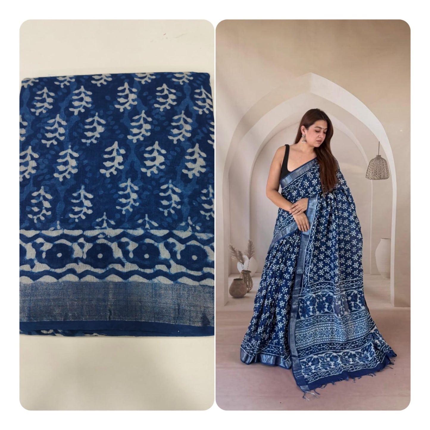 Block print linen saree