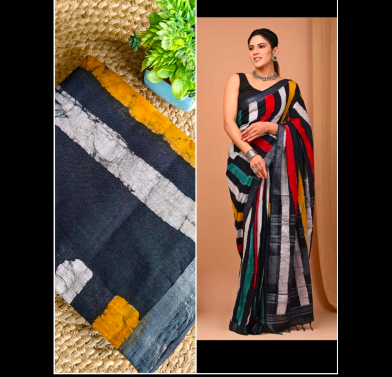 Block print linen saree