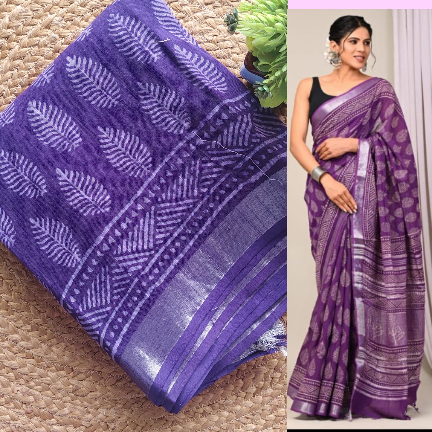 Block print linen saree