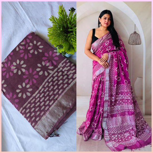 Block print linen saree