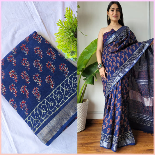 Block print linen saree