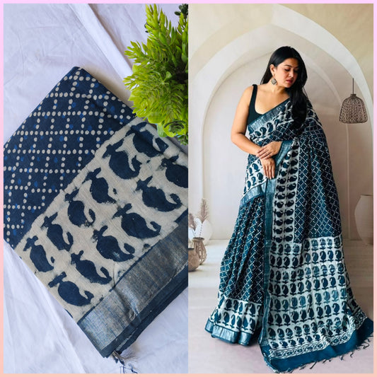 Block print linen saree