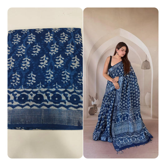 Block print linen saree