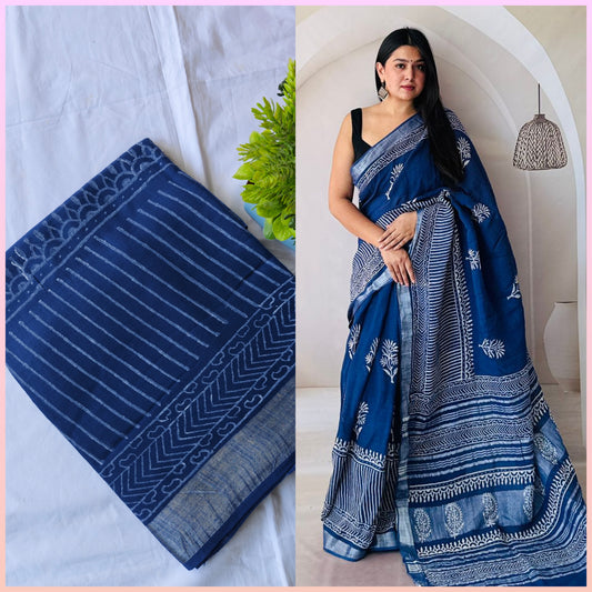 Block print linen saree