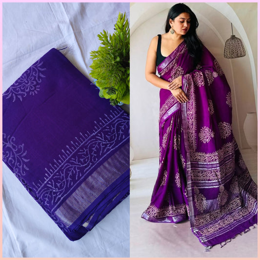 Block print linen saree
