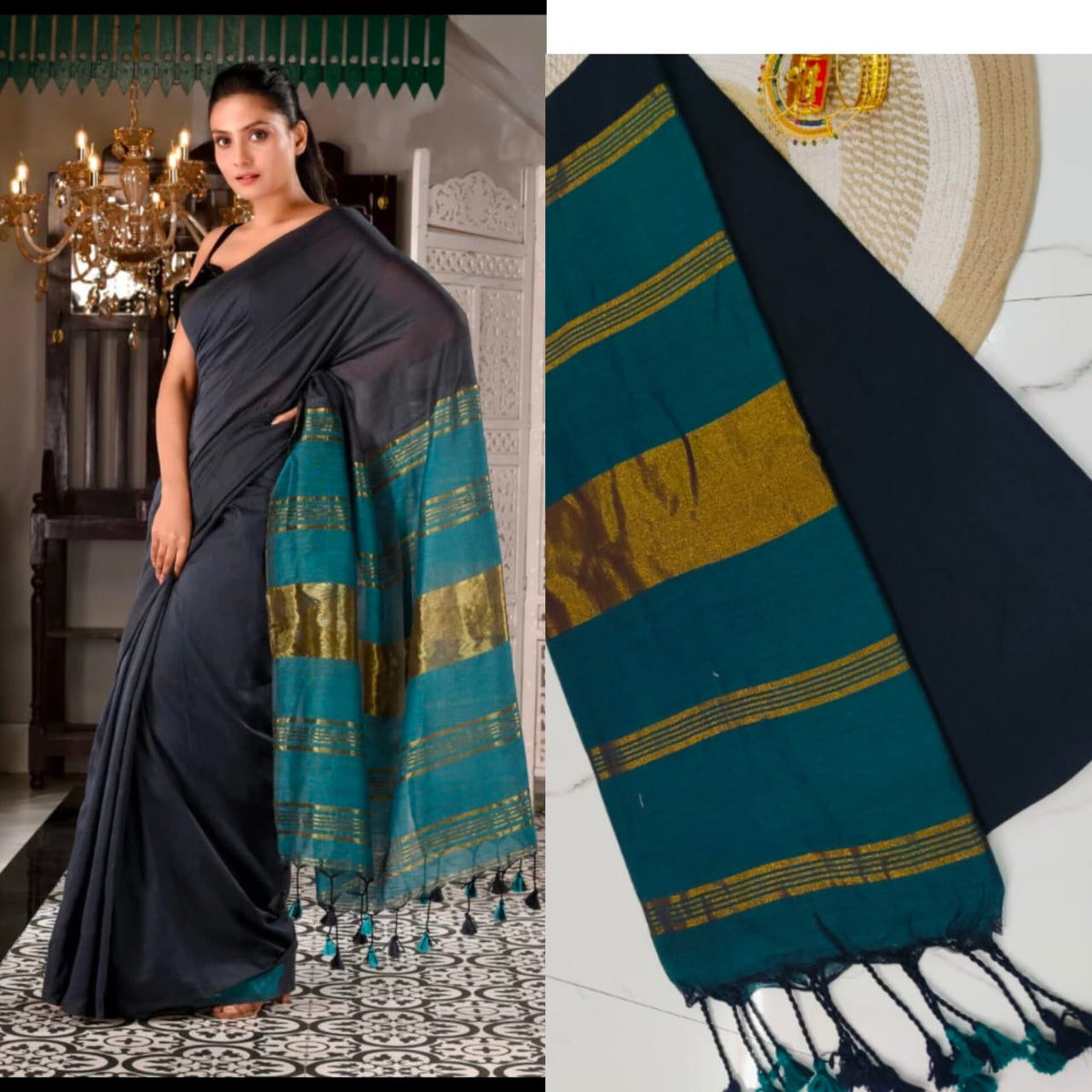 CONTRAST ZARI PALLU